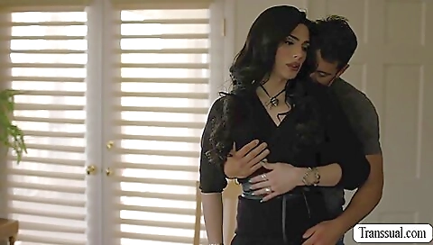 Trans babe is fucked in ass on the bed in bareback sex