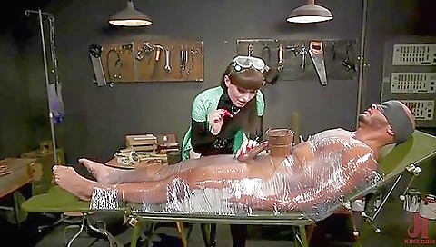 Busty shemale has her pussy fucked by a guy with latex toy