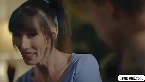 Busty shemale 18+ with natural boobs sucking her ass and gets off