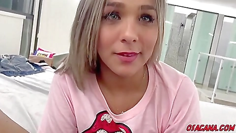 Blonde shemale gets fucked by a dude in a threesome