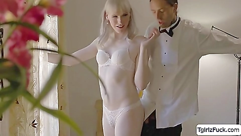 Bareback threesome with big ass blonde in lingerie