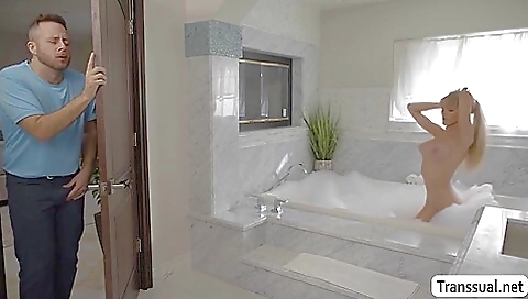 Blonde shemale with tight ass has her ass filled with cum